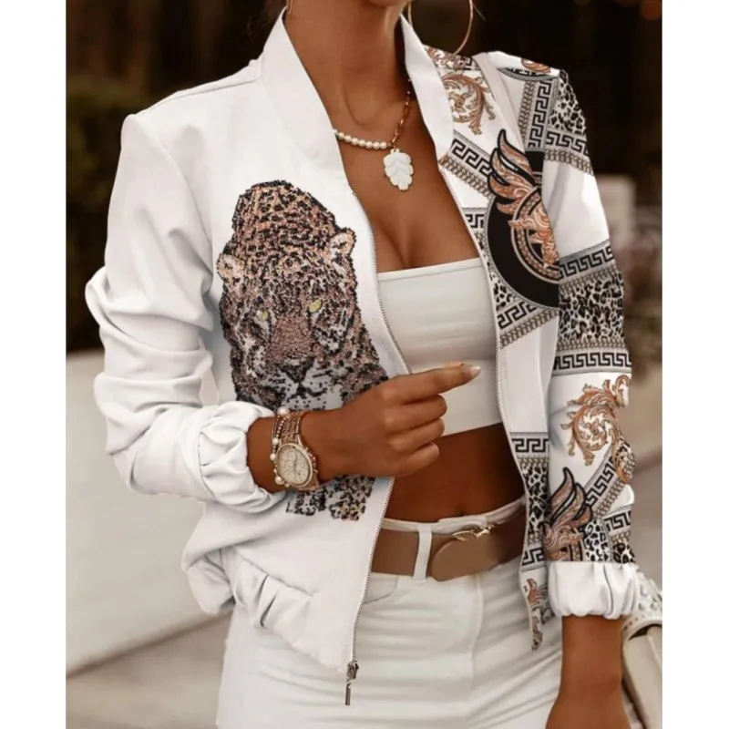 

Autumn Retro Pattern Print Jackets Women Spring Summer Long Sleeve Zipper Slim Jacket Casual Pocket Slim Female Bomber Outwears