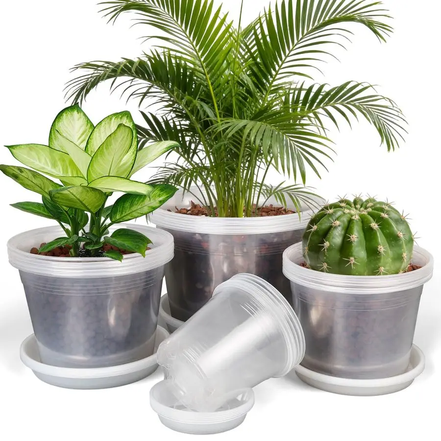 

Nursery Pots with Drainage and Saucers, 24 Pack 4 6 8 10 Inch Clear Pots for Plants, Plastic Plant Pots for Indoor Outdoor Flowe