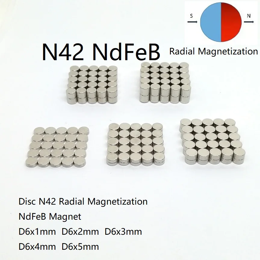10/50PCS/LOT Disc N42 Radial Magnetization NdFeB Magnet 6*1 6*2 6*3 6*4 Strong Permanent Neodymium Magnets 6x1 6x2 6x3 6x4 6x5