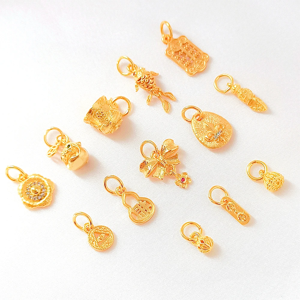 Colgante de latón chapado en oro auténtico con diseño de pez pequeño y flor Hulu Abacus para fabricación de joyas DIY, collares, pulseras y accesorios de ropa