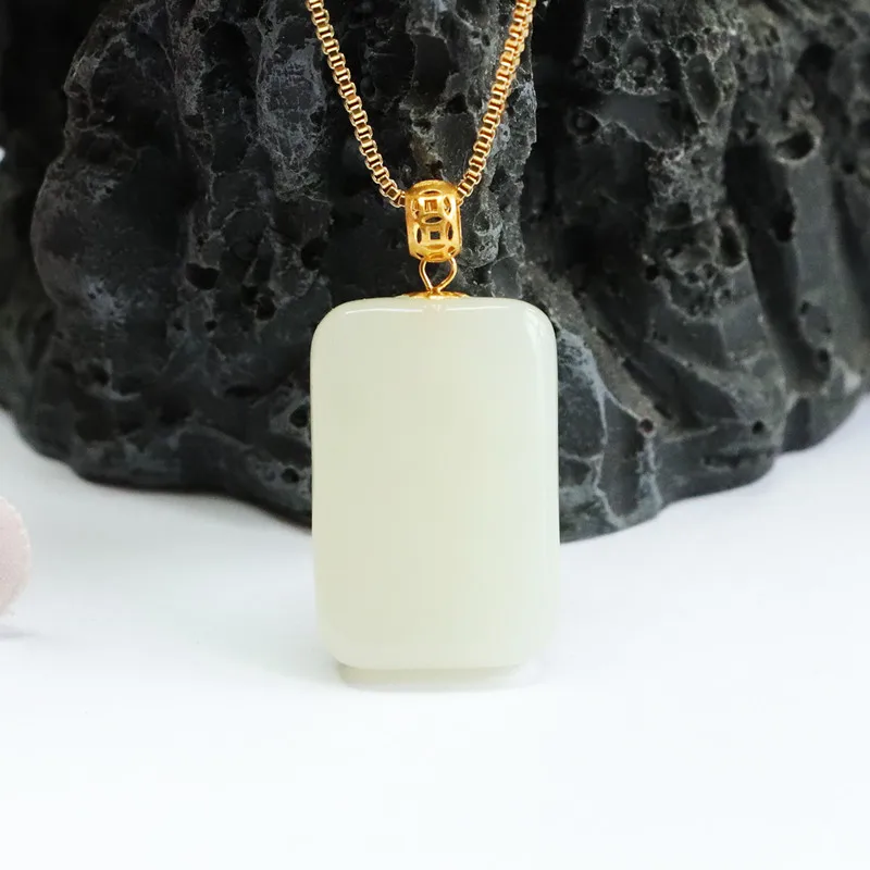 

18K Gold Smooth Plaque Pendant Natural Hetian Jade Lucky Charm HT2080501