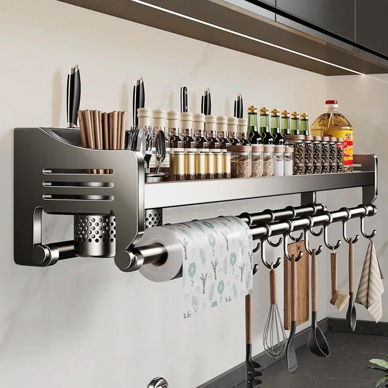 New Wall-mounted Kitchen Organizer Shelf Spice Storage Rack Household Seasoning Chopsticks Spoon Shovel Holder