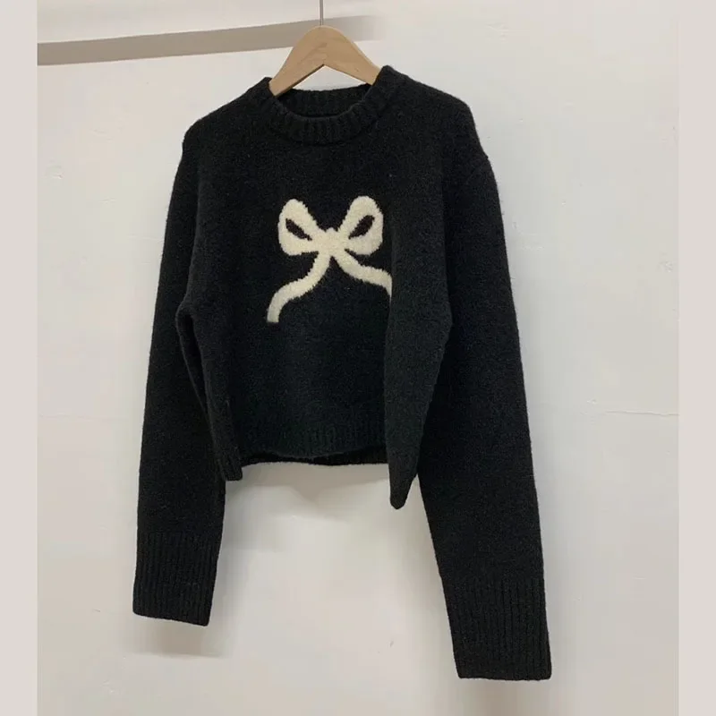 Cute Ribbon Knit Sweaters for Women Teen-girl Long Sleeve Sweet Bow Print Pullovers Fall Winter Loose Vintage Female Jumpers