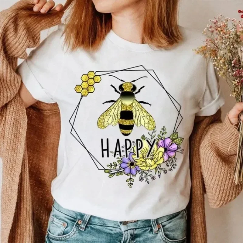 

COTTON 100% European and American Bee Flower Print Pattern Round Neck Short-sleeved T-shirt Blouse Aesthetic Clothes Graphic