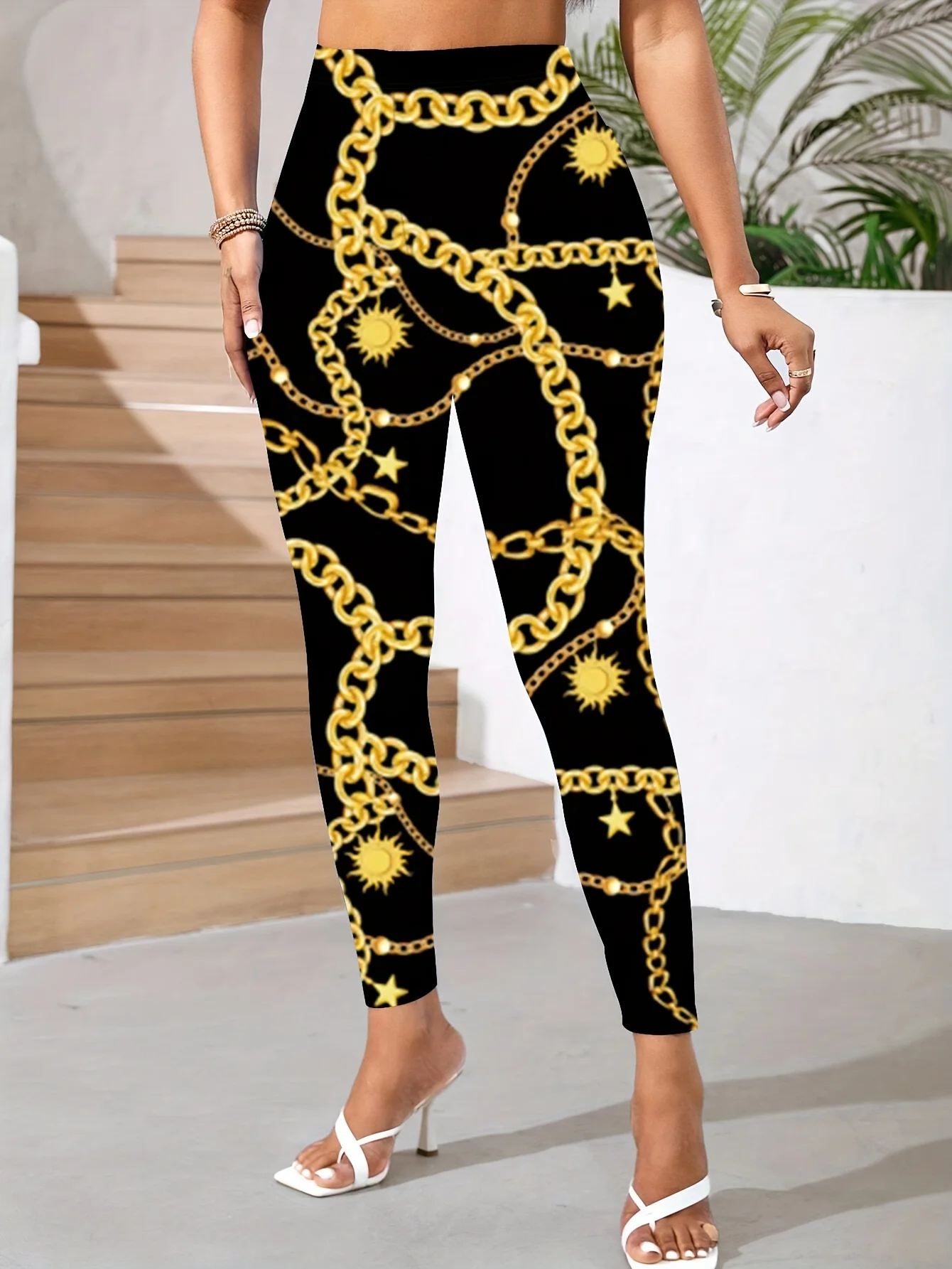 Women Mid Waist Fleece Lined Leggings Gold Chain Sun Star Print Slim Fit Thermal Winter Pants