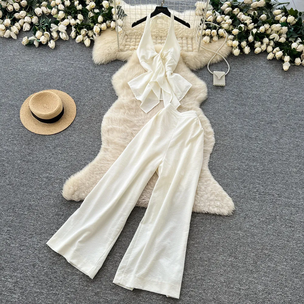 

Women Pant Set Two Piece Sets Halter Sleeveless Sexy Tops Ruffles Wide Leg Long Pants High Waist Y2k Streetwear Elegant 2026