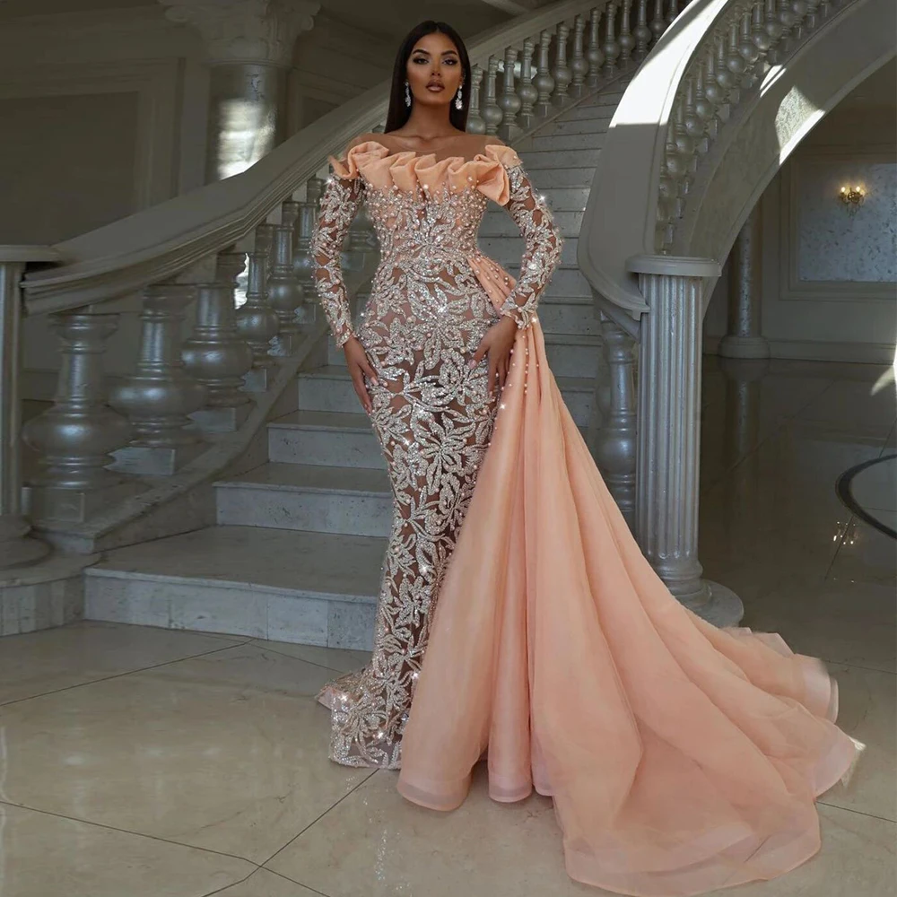 Glitter Sequin Mermaid Evening Dresses for Women Beaded Celebrity Gown Scoop Neck Full Sleeve Arabic DubaI Vestidos De Novia