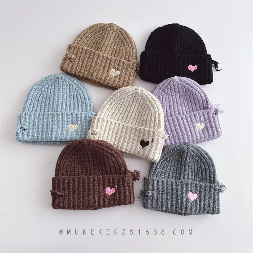 New Kids Thickened Fall Winter Ripped Knit Hat Girls Boys Windproof  Warm Beanie Baby Soft Children Comfortable Embroidered Hat