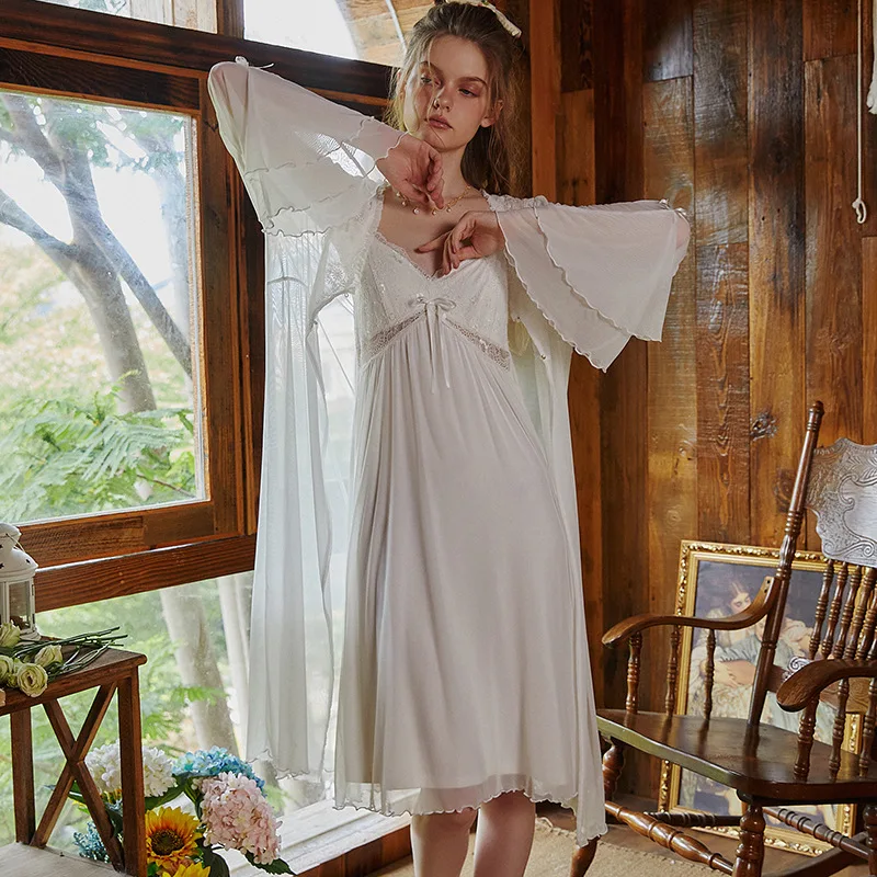 Sexy Mesh Night Dress Fairy Cotton Robe Two Piece Set Pijamas Nightwear Gown and Robe Sets Spring Autumn Modal Long Sleepwear