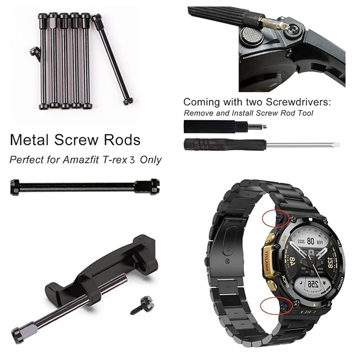 1 Set for Amazfit /T-Rex Pro/T Rex 2 /T Rex 3 Watch Band Connector Screw Tool Rod Metal Adapter Pin Screwdrivers Accessories