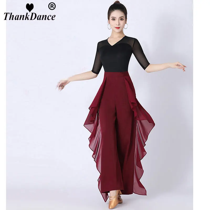 Korean Women High Waist Chiffon Latin Pants Modern Dance Practice Pant Ruffles Slim Casual Versatile Dance Wide Leg Trousers