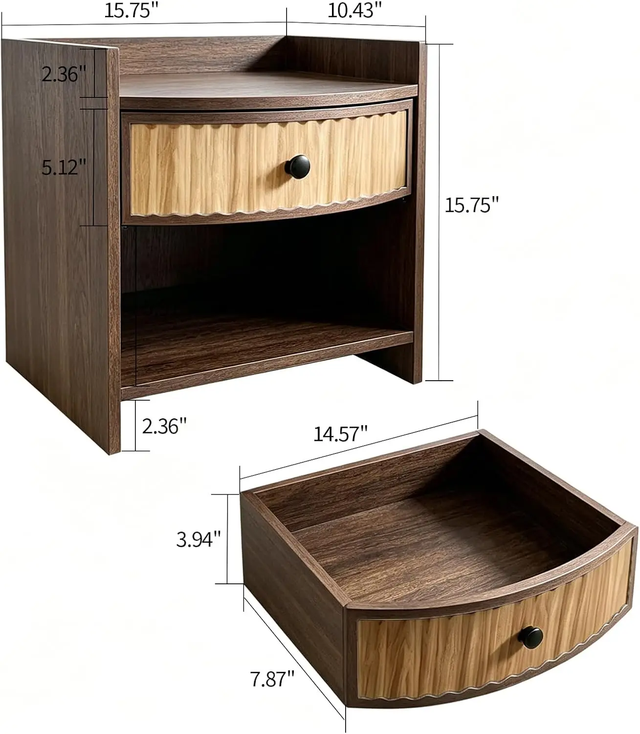 Wood eco-friendly handmade modern bedside table drawer type open storage rack curved front panel design suitable for small space