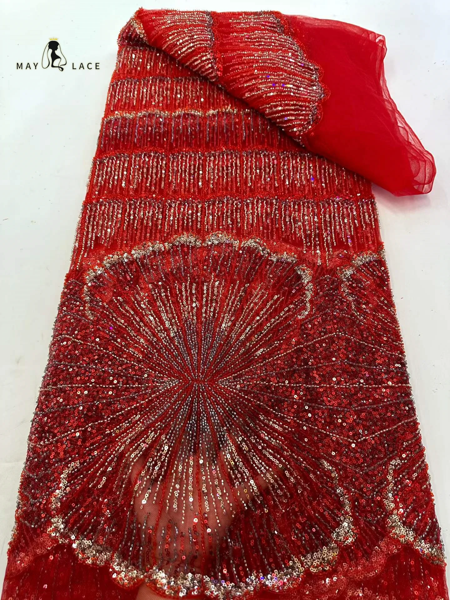 

Red African Beads Lace Fabric 2026 High Quality 5 Yards Nigerian Sequins Lace Fabric French Laces Fabrics For Party Dress Sewing