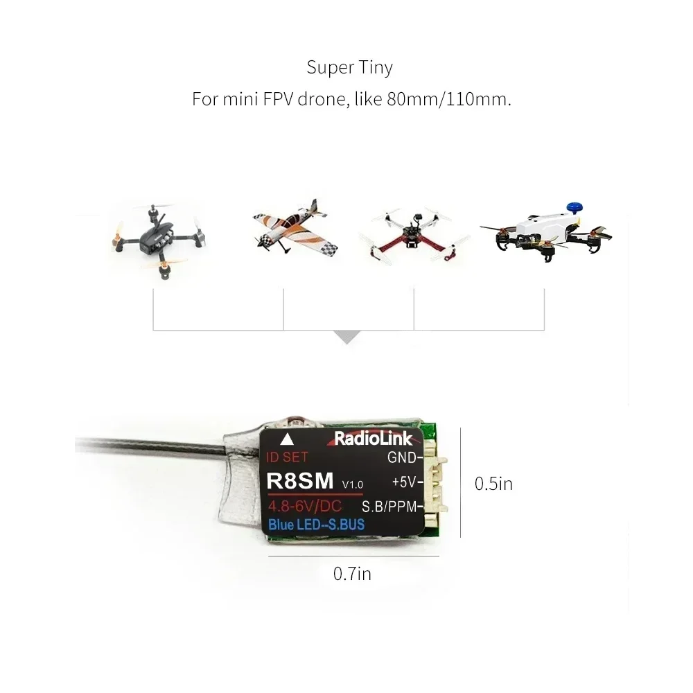 Receptor RC Radiolink 2,4 GHz R8SM 8CH |   SBUS/PPM RX ultracompacto |   para mini drones FPV: compatible con transmisores T8FB/T8S
