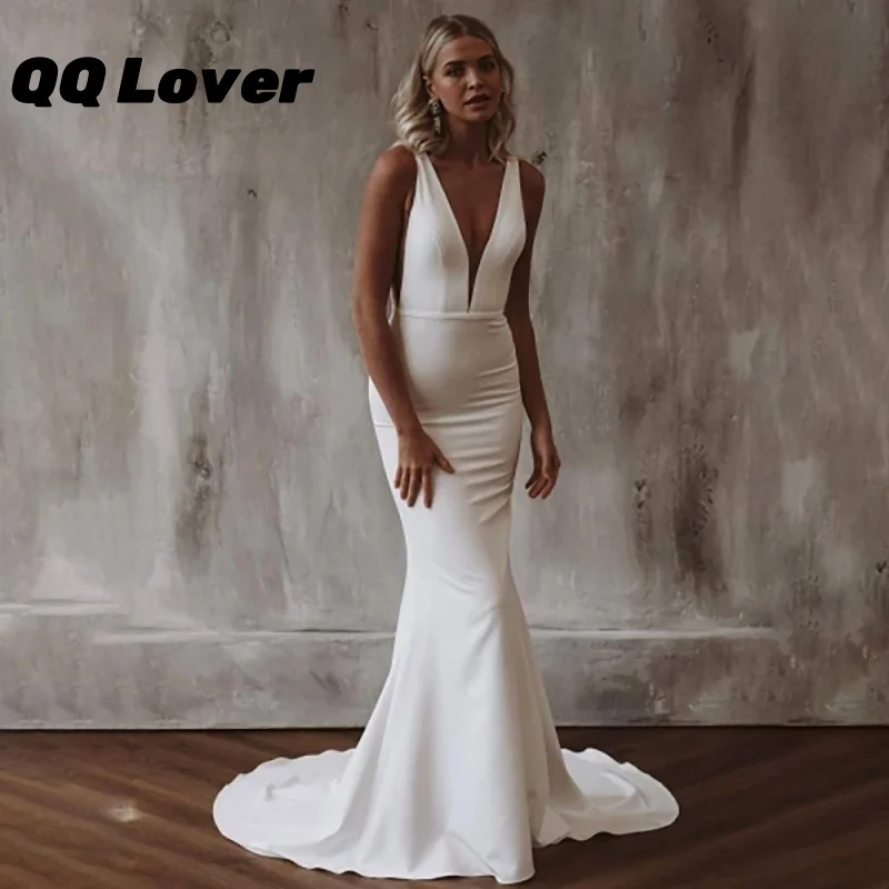 

Simple V Neck Wedding Dress Sweep Train Customozid Plus Size Side Cutouts Strechy Open Back Bridal Gowns Vestidos De Noiva
