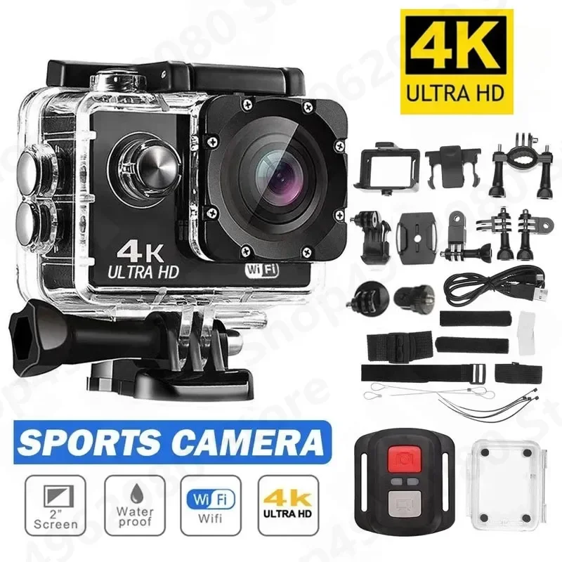 Action Camera 4K Ultra HD Waterproof 2.0-inch Screen WiFi Remote Control 30fps/170D Underwater Helmet Sports Go Video Camera Pro