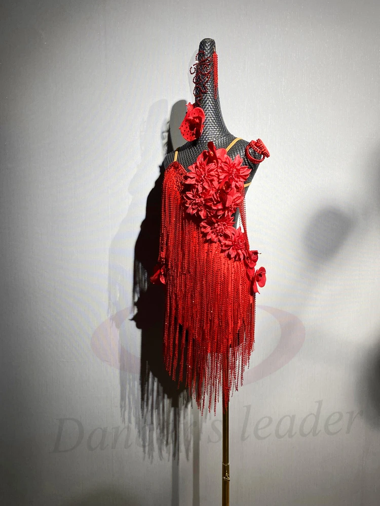 

Latin Dance Adult Children'S Dress AB Stone High-End Custom Big Red Flower Dress Cha Cha Tango Women'S Clothing
