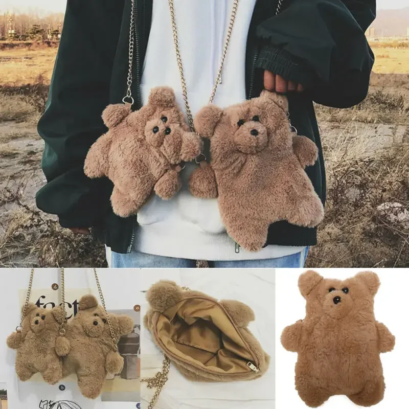 Girls Sweet Cute Plush Teddy Bear Crossbody Bags Women Harajuku Casual Cartoon Shoulder Bags Fashion Travel Handbags