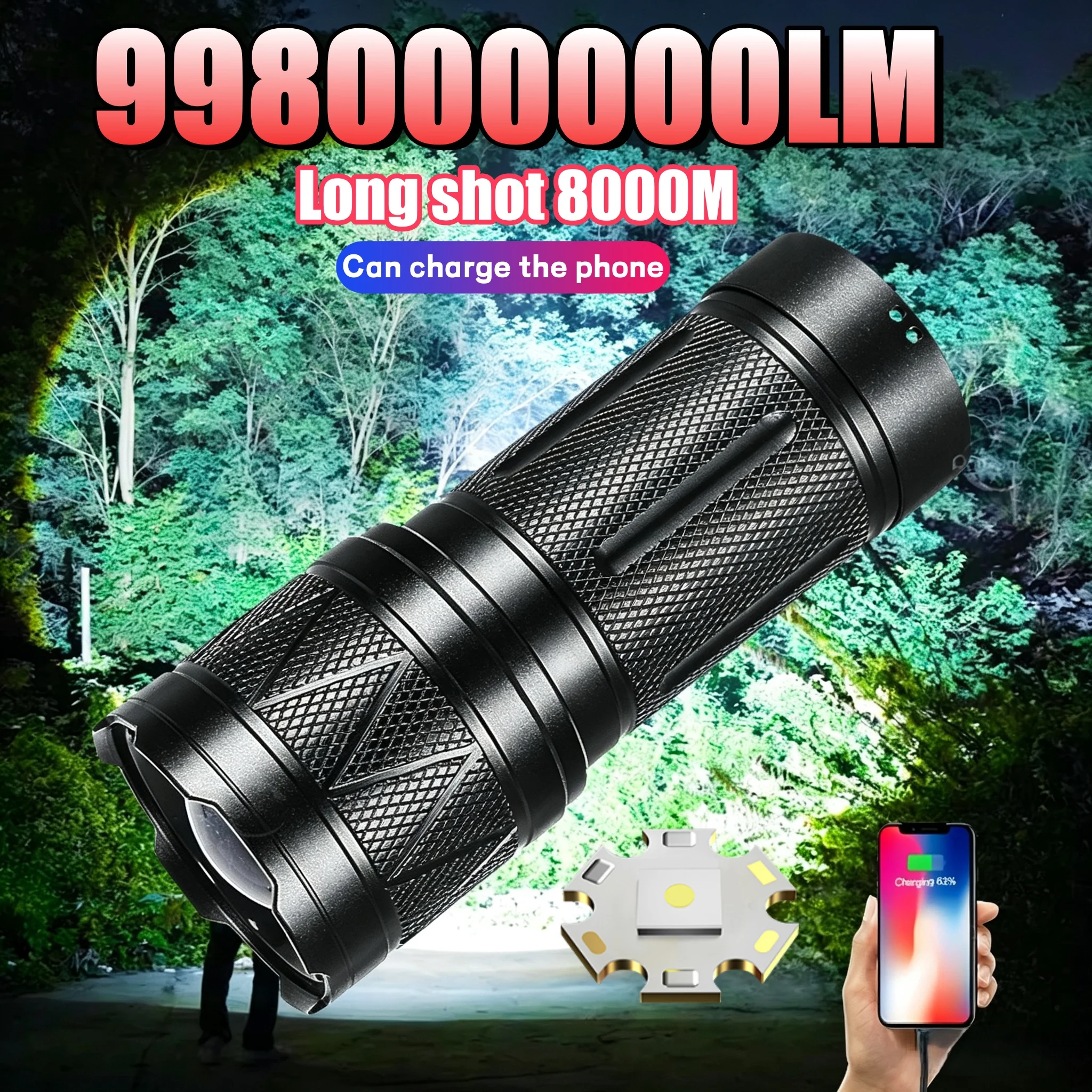 New 998000000LM LED Handheld Flashlight USB Rechargeable Tactical Torch Built-in Battery Long Shot 8000M Fishing Hunting Lantern