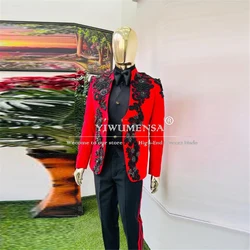 Luxury Groom Wedding Suits For Man Black Gemstone Beading Red Jacket Trousers 2 Pieces Men's Tuxedos Tailored Traje De Hombre