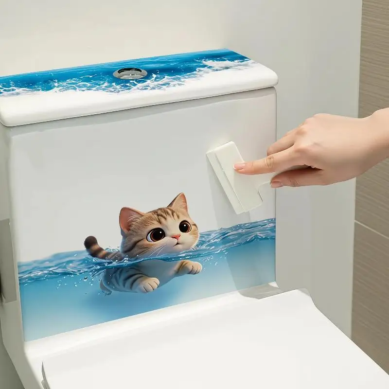 Cute Swimming Cat Toilet Sticker Waterproof Self-Adhesive Repositionable Wall Decal for Short Term Rental Bathroom Decor
