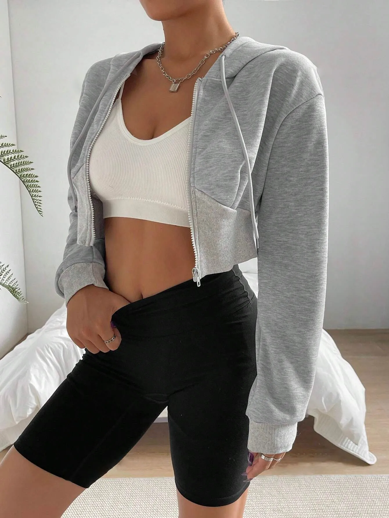 Zipper Solid Color Cropped Hoodie, Casual Long Sleeve Drawstring Hooded Jacket, Women's Clothing