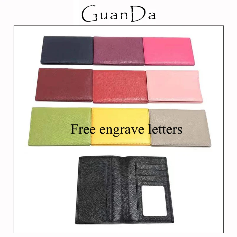 Engrave Letters Passport Cover Portable Multi-use Genuine Leather Card Wallet Custom Name Travel Document Organizer Passport Bag