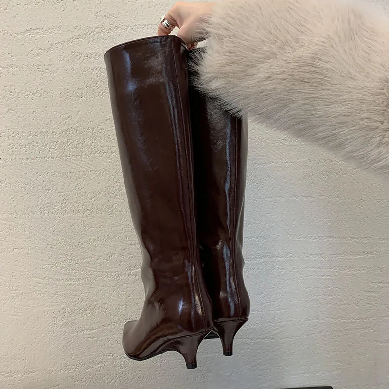 

Модные женские современные сапоги до колена на низком каблуке, женские туфли без шнуровки с острым носком, вечерние пикантные женские длинные сапоги, туфли-лодочки для женщин