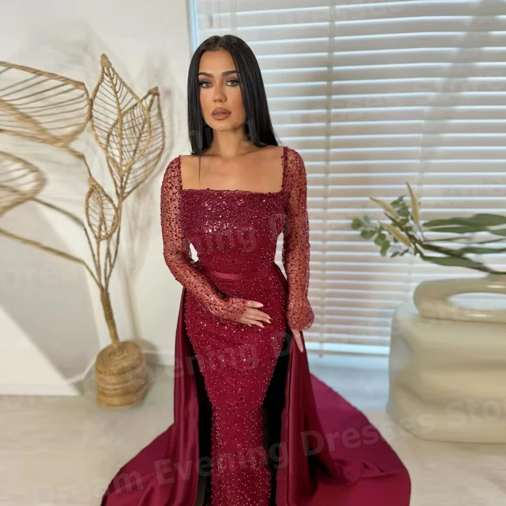 فساتين سهرة نسائية فاخرة حورية البحر بأكمام طويلة مطرزة حسب الطلب فساتين حفلات من Vestidos Para Mujer برقبة مربعة رداء De Soirée #1