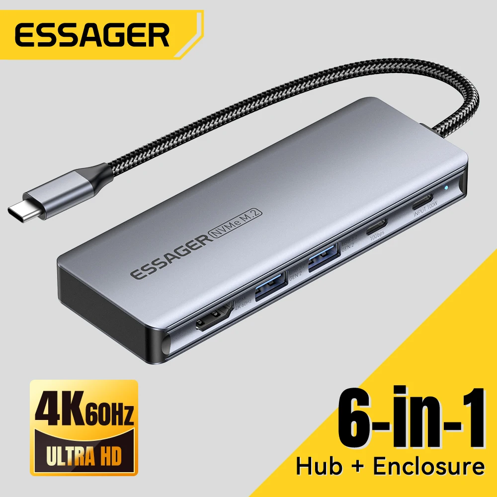 

Essager USB C Hub With M.2 SSD Hard Disk Enclosure 6/7 in 1 PD100W USB3.2 10Gbps HDMI USB Type C Adapter for Macbook Pro Air PC