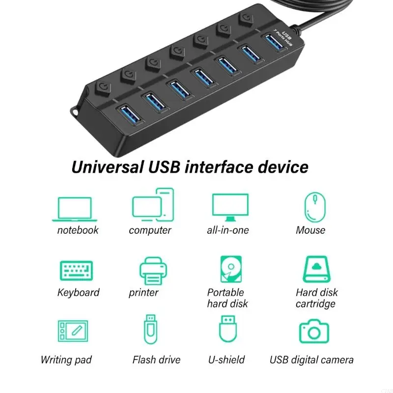 C7AB Streamlines Workspaces with 7Port USB 2.0 Hub USB Splitter Featuring Independent Control Switches MultiPorts Extension