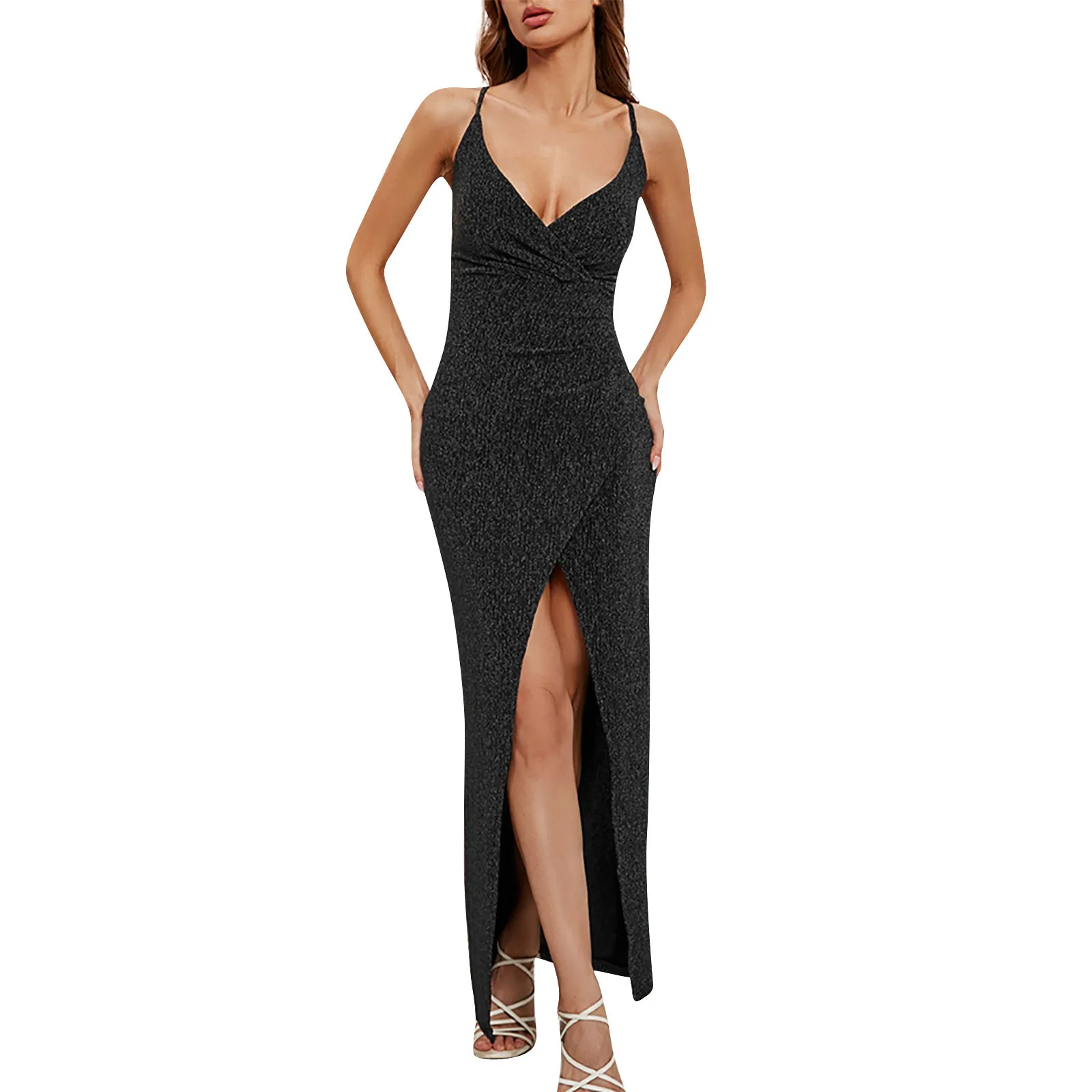 Vestido maxi de trompete brilhante e monocromático feminino sem mangas, vestidos sexy de espaguete, preto, verão, Y2K, 2022