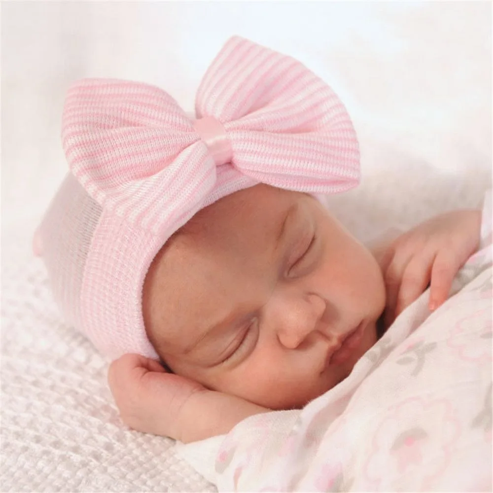 Newborn Hospital Hat Baby Hats Nursery Beanie Cap with Bow Cute Stripe Infant Hat Soft Turban Hats for Baby Girls