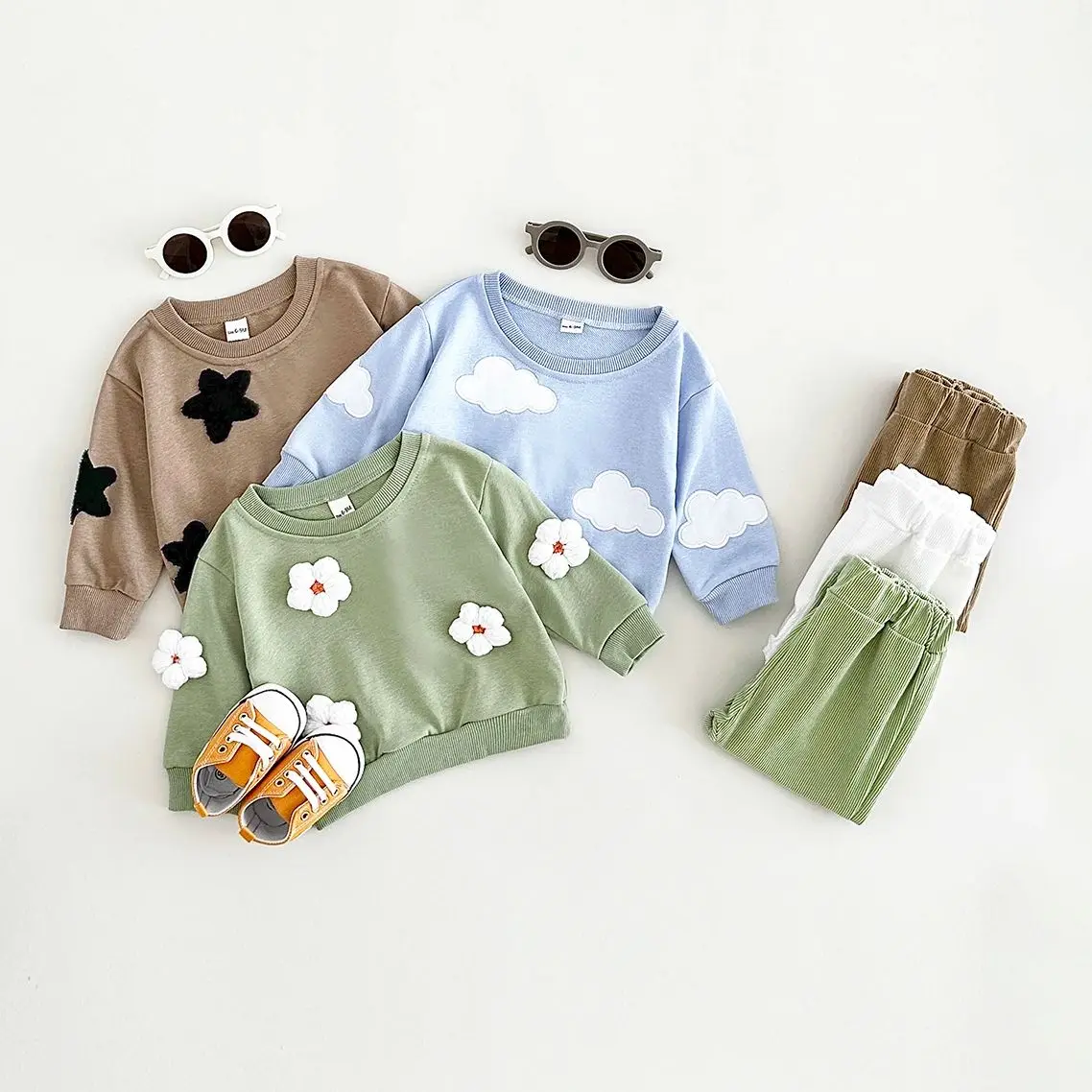 Ins Autumn Warm Baby Leisure Suit Cloud Flowers Embroider Pullovers Top+Pants Cotton Infant Boys Girls Clothes Sets 0-3Y