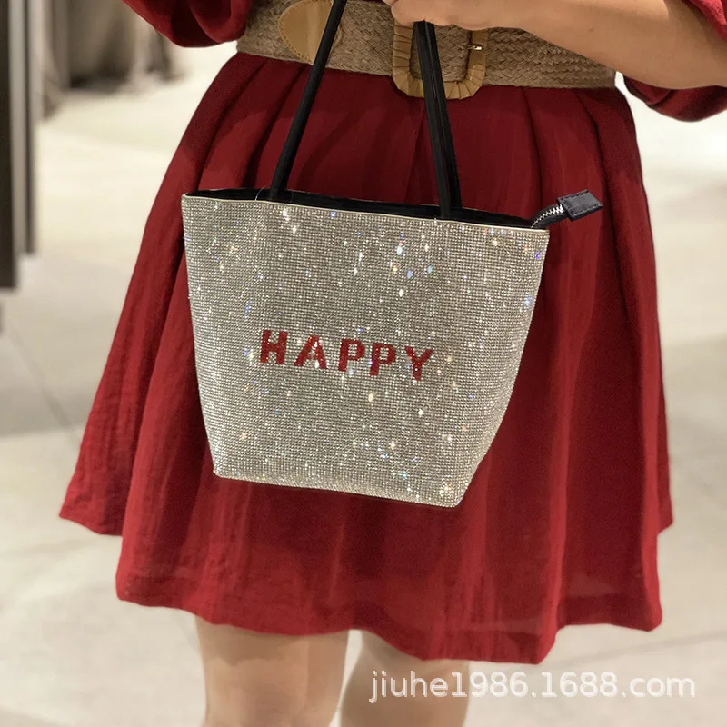 Happy Letter 2024 New Water Diamond Bucket Bag Shoulder Crossbody Bag Diamond Inlaid Women\'s Chain Handbag Designer Bags