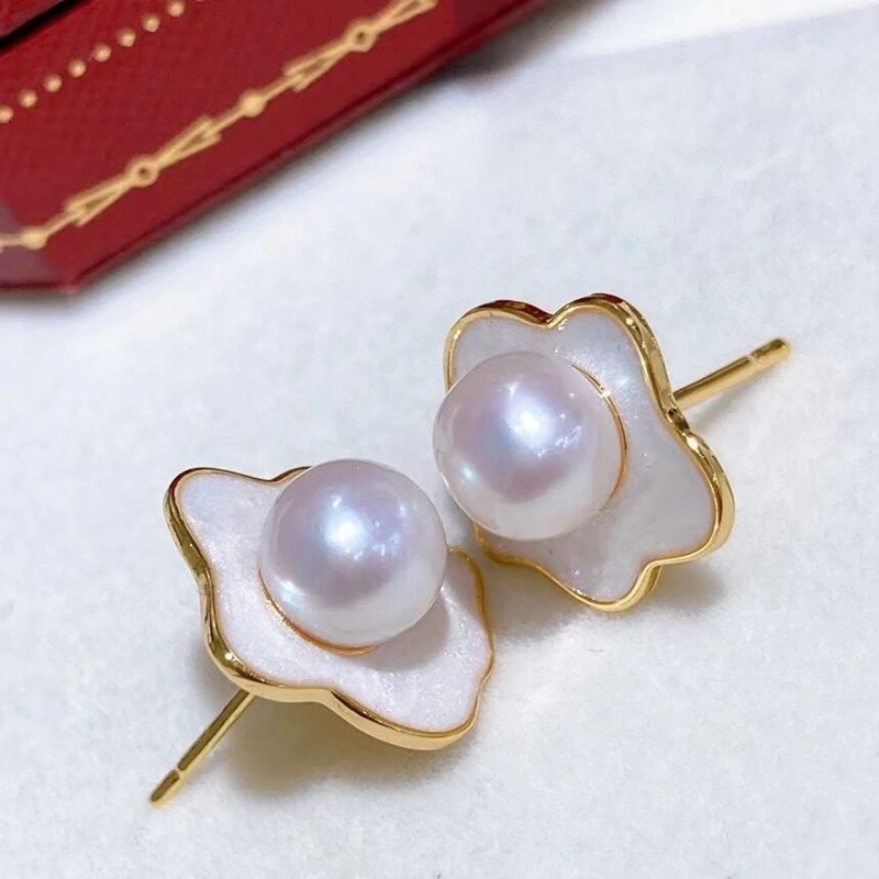 Light Luxury Vintage Enamel Natural Freshwater Pearl Earrings S925 Pure Silver Ear Stick Xiangyun Shape Design Beautiful Gift