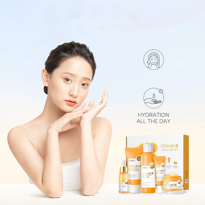 LAIKOU Vitamin C Facial Whitening Care Set Face Cleanser Fade Dark Circles Eye Cream Essence Lighten Spots VC Brightening Care