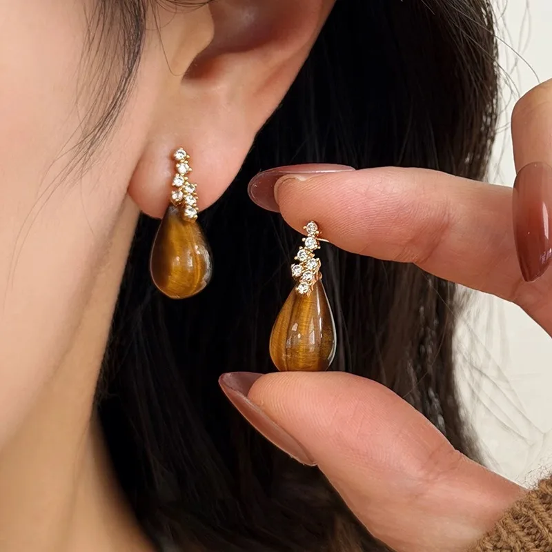 Fantasy Cubic Zirconia Water Drop Natural Stone Tiger Eye Dangle Earrings For Women Real Gold Plated Party Jewelry
