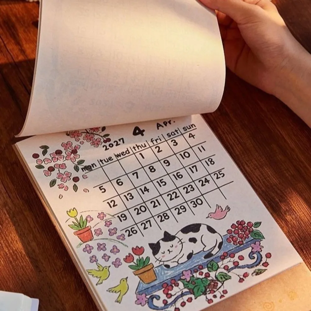 Hand Painted Style 2027 Desk Calendar Floral Illustration Lamb Pattern Sheep Year Calendar Standing Flip Calendar Home Office