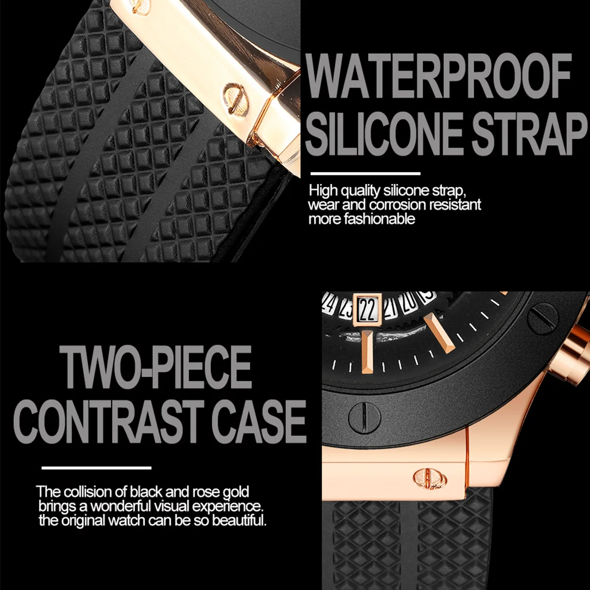 ساعة يد رجالي من السيليكون الأسود مقاس 46 ملم بمينا كبير وذهبي وردي ونمط عسكري عصري وحركة كوارتز أصلية رياضية