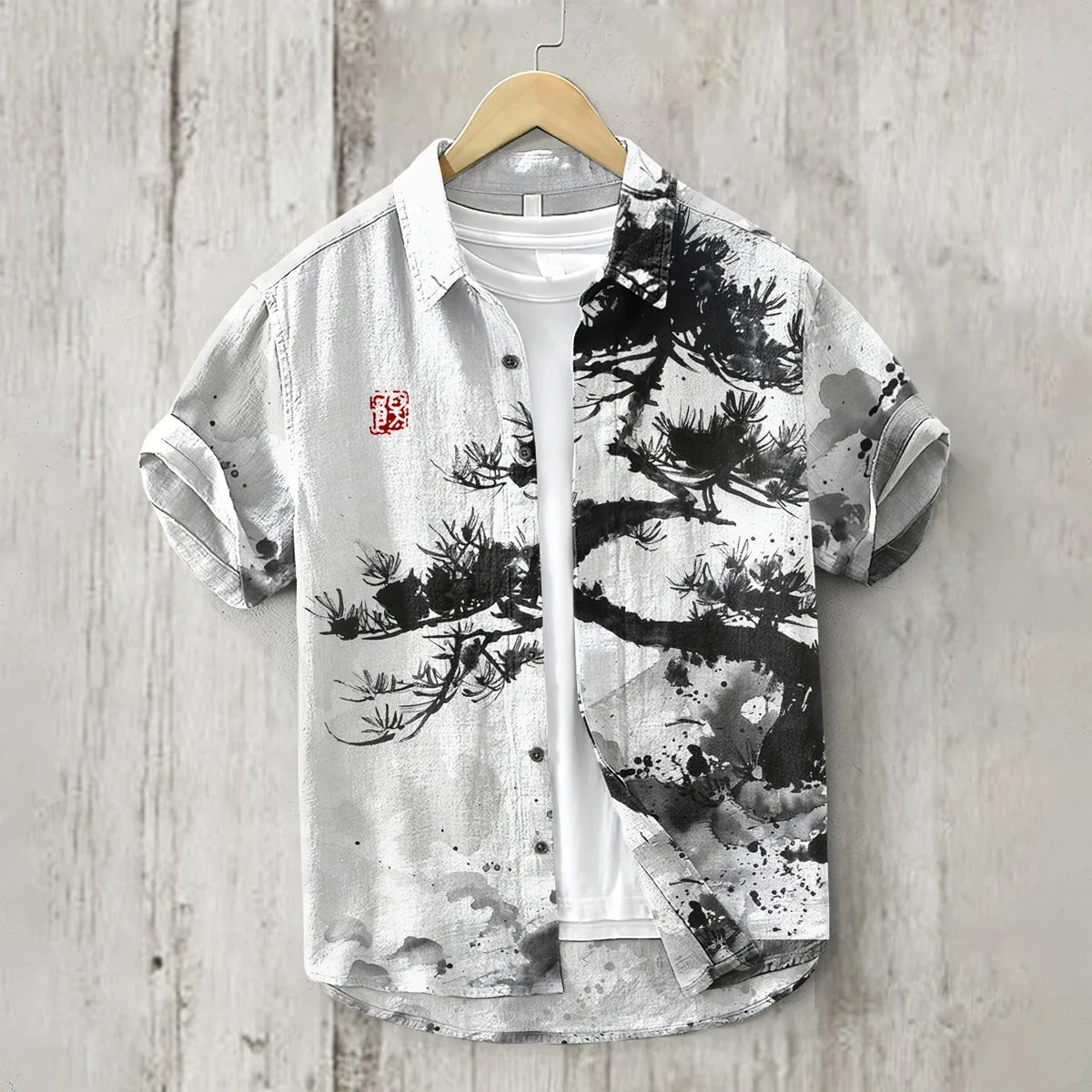 Men's short-sleeved linen cardigan 3D printed ink bamboo flower series Hawaiian shirt comfortable large size XS-6XL fast deliver