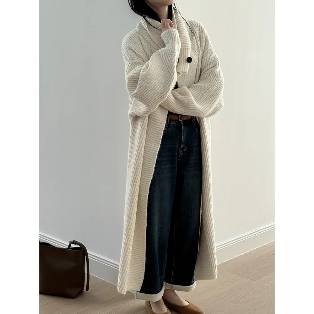 SuperAen Korean Style Oversize Turn-down Collar Long Knitted Cardigan for Women's 2025 Winter New Loose Solid-color Sweater Coat