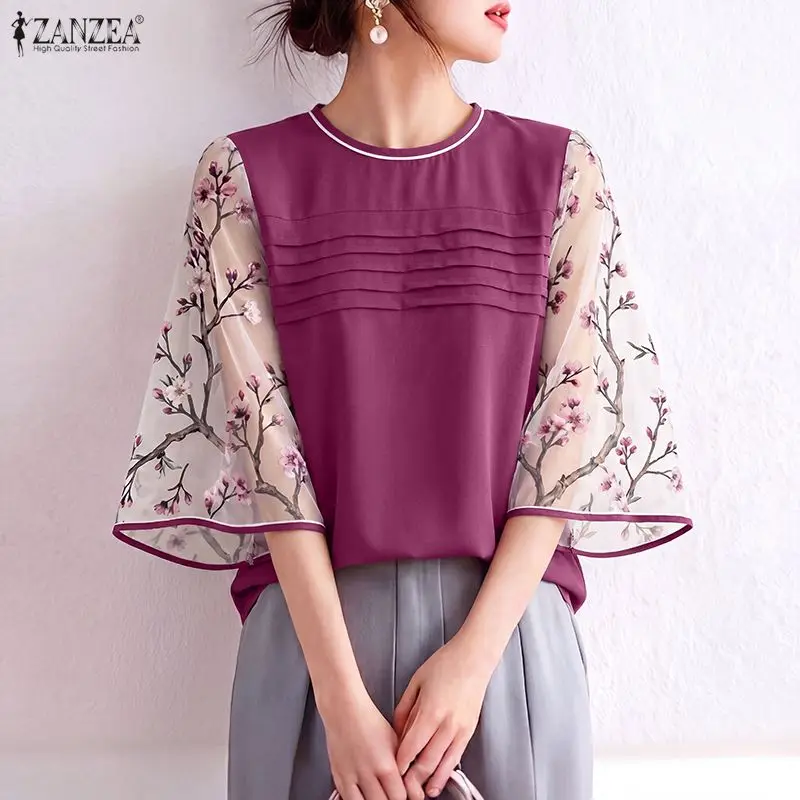 

2026 ZANZEA Summer Floral Patchwork Blouse Stylish Women Tops O Neck 3/4 Sleeve Work Blusas Mujer Female Stylish Holiday Shirt