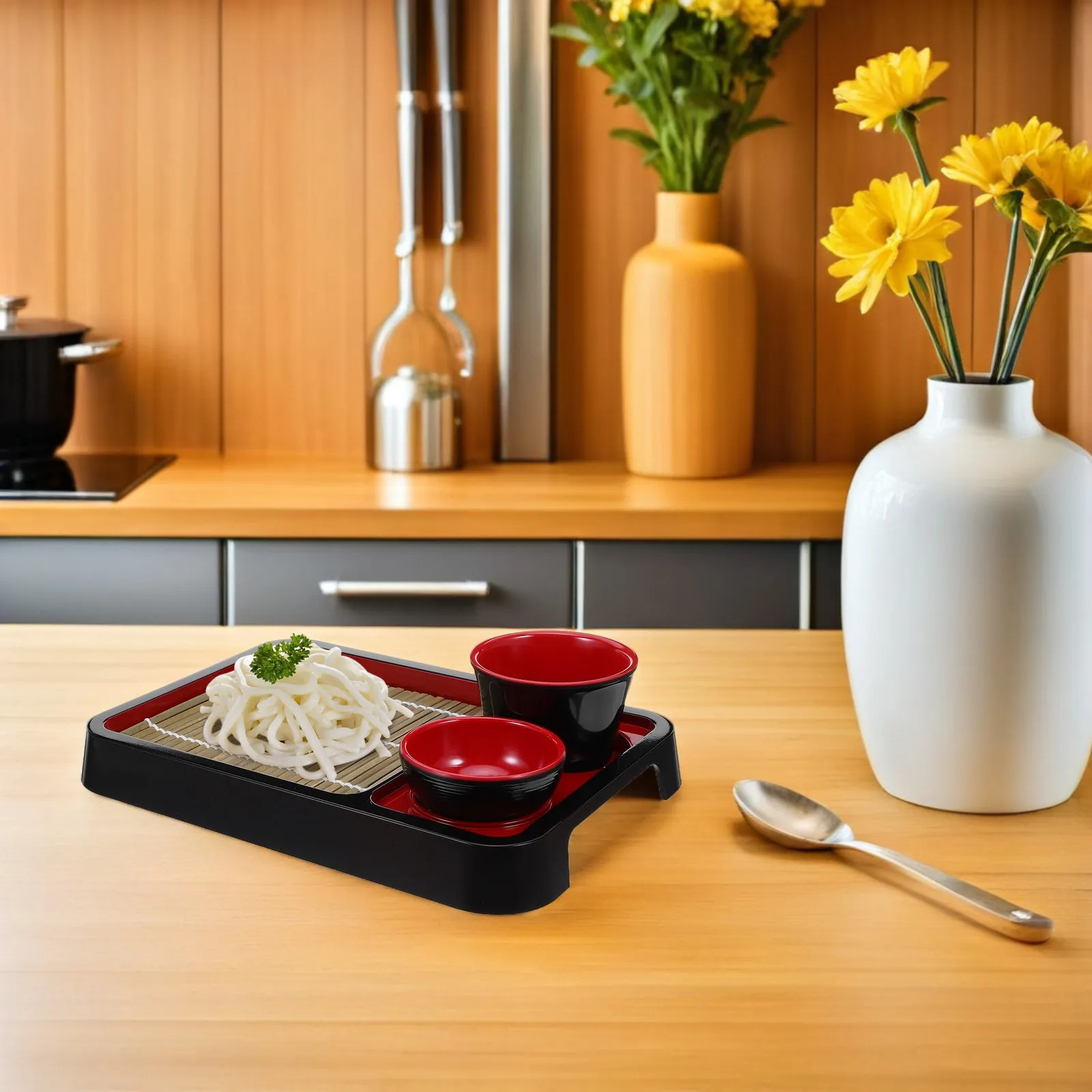 1 Juego de Platos para Fideos Fríos, Estilo Japonés, Bandeja Rectangular para Soba, Tapete de Bambú, Bandeja para Servir Alimentos, Decoración para Mesa de Restaurante o Fiesta