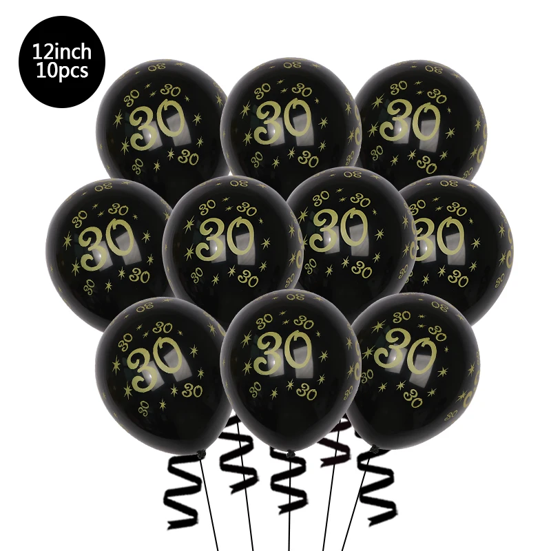 10PCS/1set 30 40 Year Old Black Gold Printed Latex Birthday Balloon Set Adult Birthday Anniversary Bachelorette Party Supplies