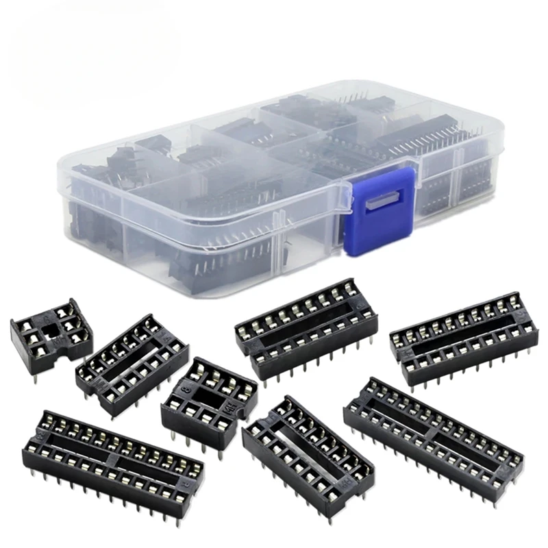 66PCS 8 Values DIP IC Sockets Adaptor Solder Type Socket Kit 6 8 14 16 18 20 24 28 Pin DIP-6 DIP-8 DIP-14 IC Connector with Box