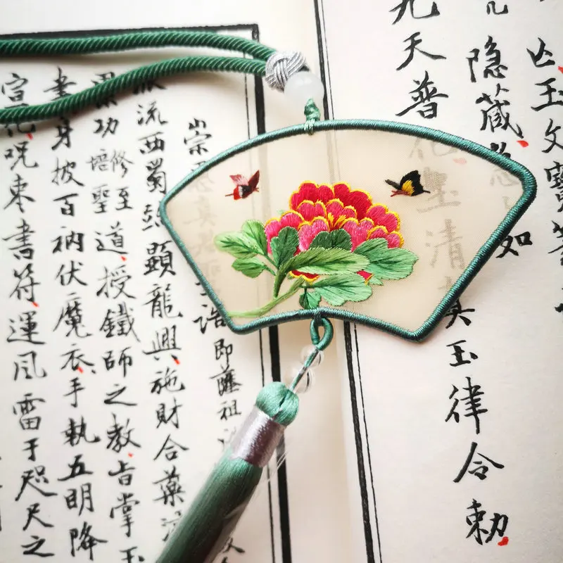 

Chinese Fortune Hanging Cord With Hand Embroidered Butterfly Peony Pattern & Tassels Design Lanyard Lucky Handcraft Charms Rope