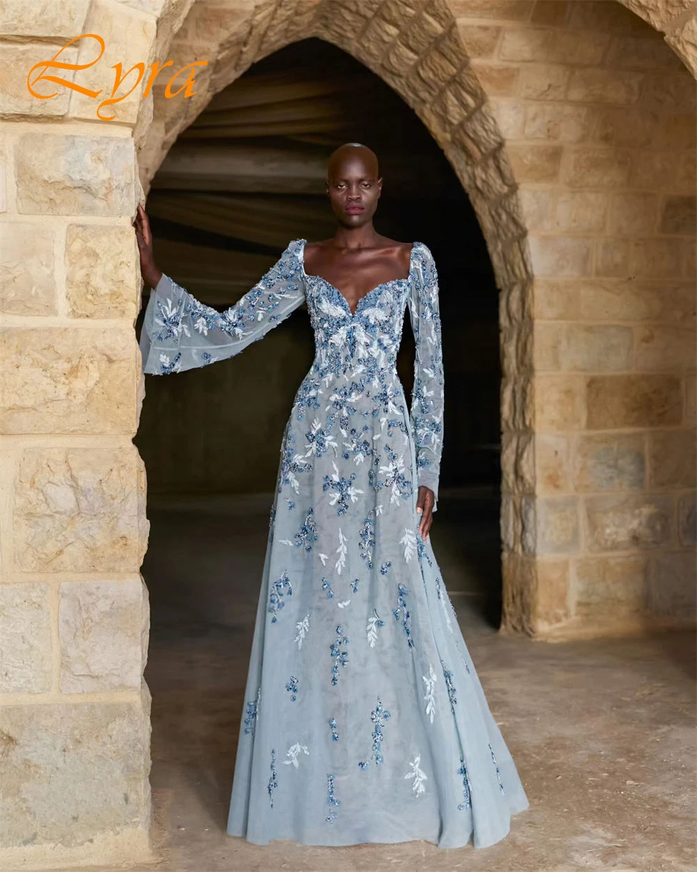 Customized Formal Chiffon V-Neck Evening Dress Exquisite Long Sleeves Prom Dresses Delicate Sequined Special Occasion Gowns