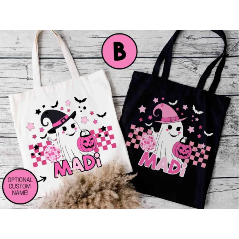 حقيبة خدعة أو حلوى مخصصة مع شبح وردي لطيف، هدية مخصصة للهالوين، حقيبة الهالوين للأطفال خدعة اسم مخصص