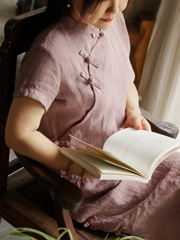 

Летний женский топ Yuzhen Light в китайском художественном стиле, повседневный, темно-синий, с вышивкой лотоса, из льняной ткани